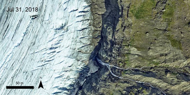 Aerial Orthomosaic data over the Eklutna Glacier in Alaska. The left hand image shows snow and ice, the right side of the image shows rocks with some vegetation.