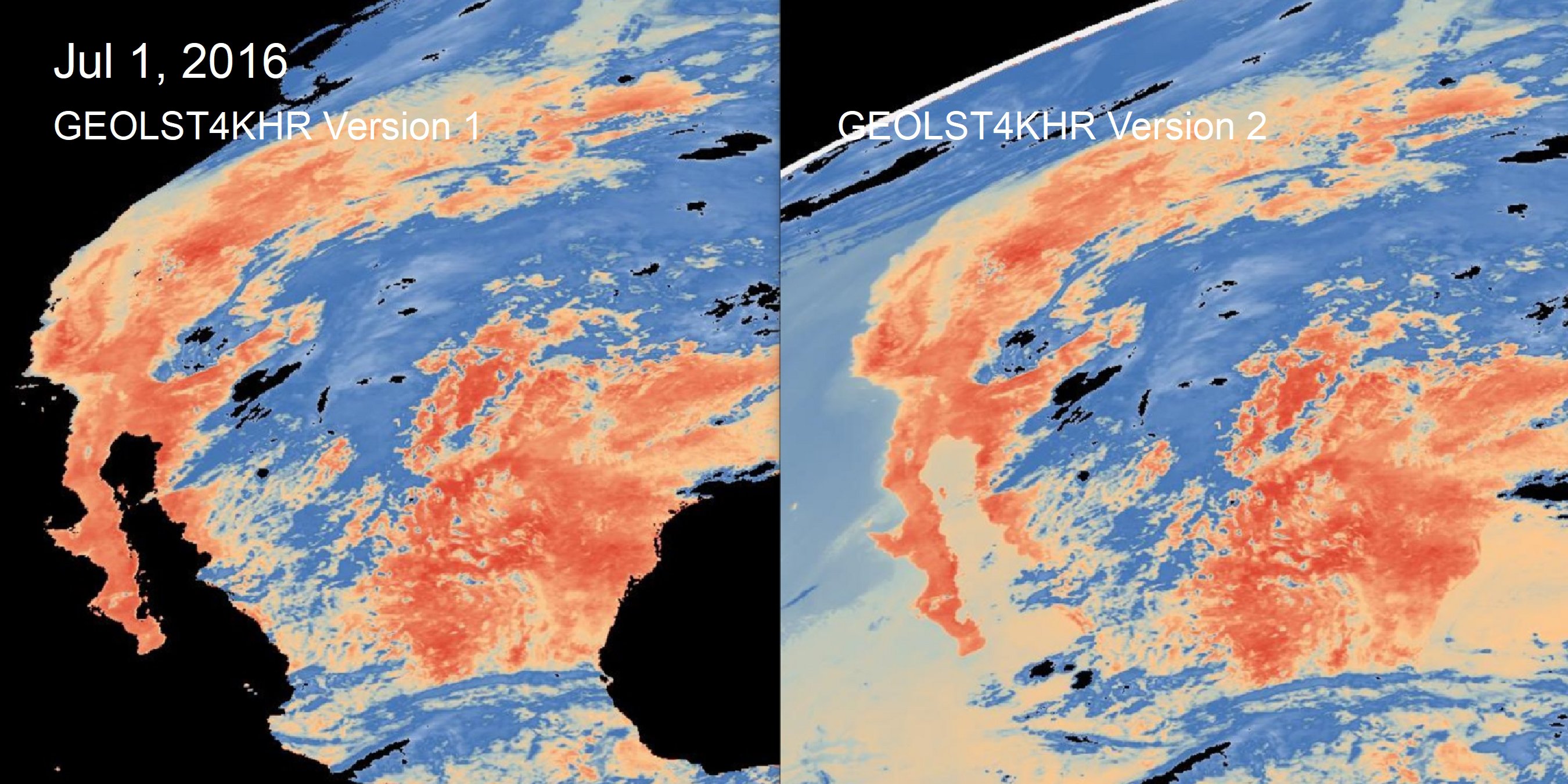 Two images showing Geostationary Earth Orbit Land Surface Temperature (GEOLST4KHR) version 2 data over North America. The left image shows the newer version which now includes LST data over ocean and sea.