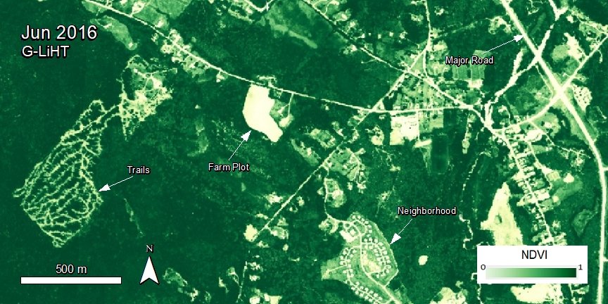 G-LiHT Hyperspectral VI data over part of New Hampshire. Hiking trails, farm plots and neighborhood, and a major road show a lower NDVI value where as vegetation around has a higher NDVI.