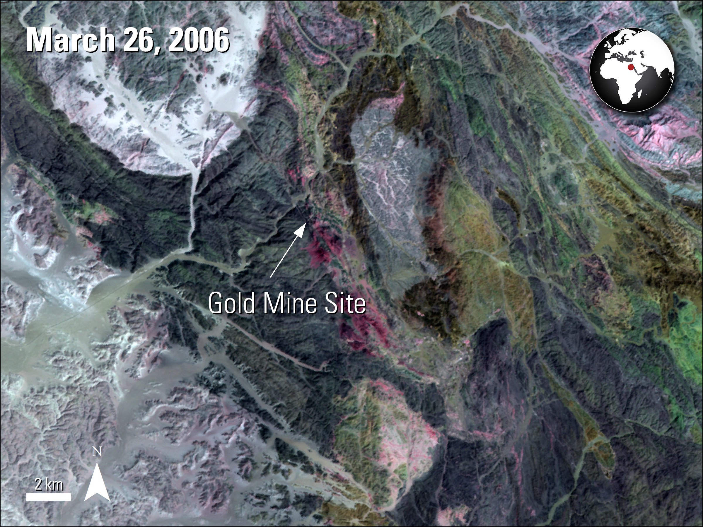 Terra ASTER SWIR data (AST_L1T) over a gold mine site in Egypt, acquired March 26, 2006..