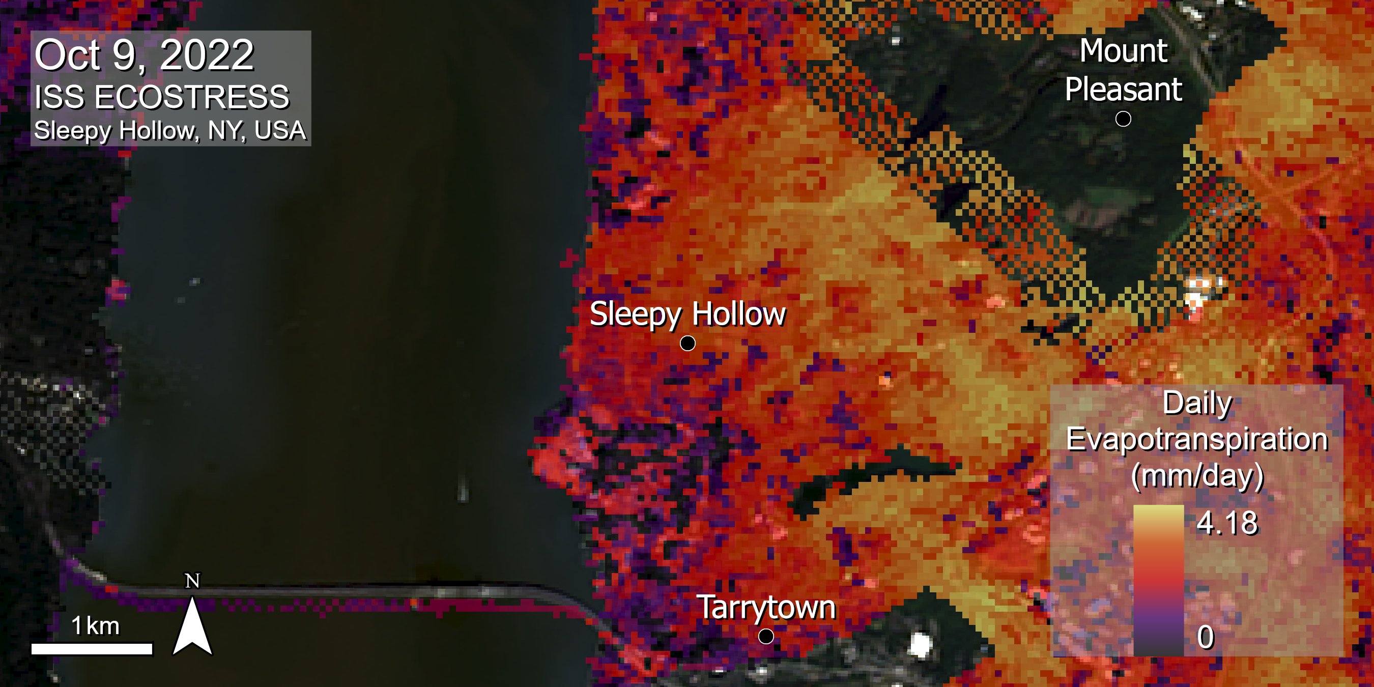 ECOSTRESS Daily Evapotranspiration data over Sleepy Hollow, NY on 09 Oct 2022