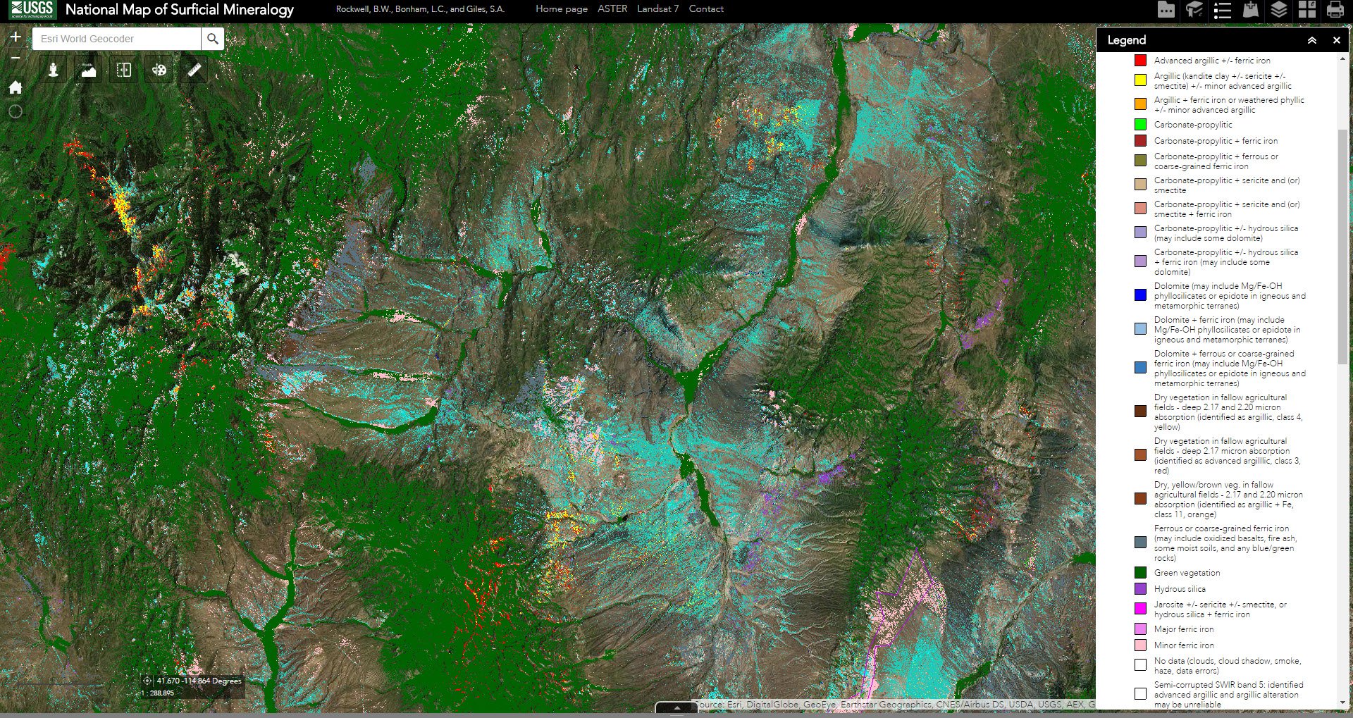 Screen shot of ASTER data over Elko County, Nevada, United States from the National Map of Surficial Mineralogy.