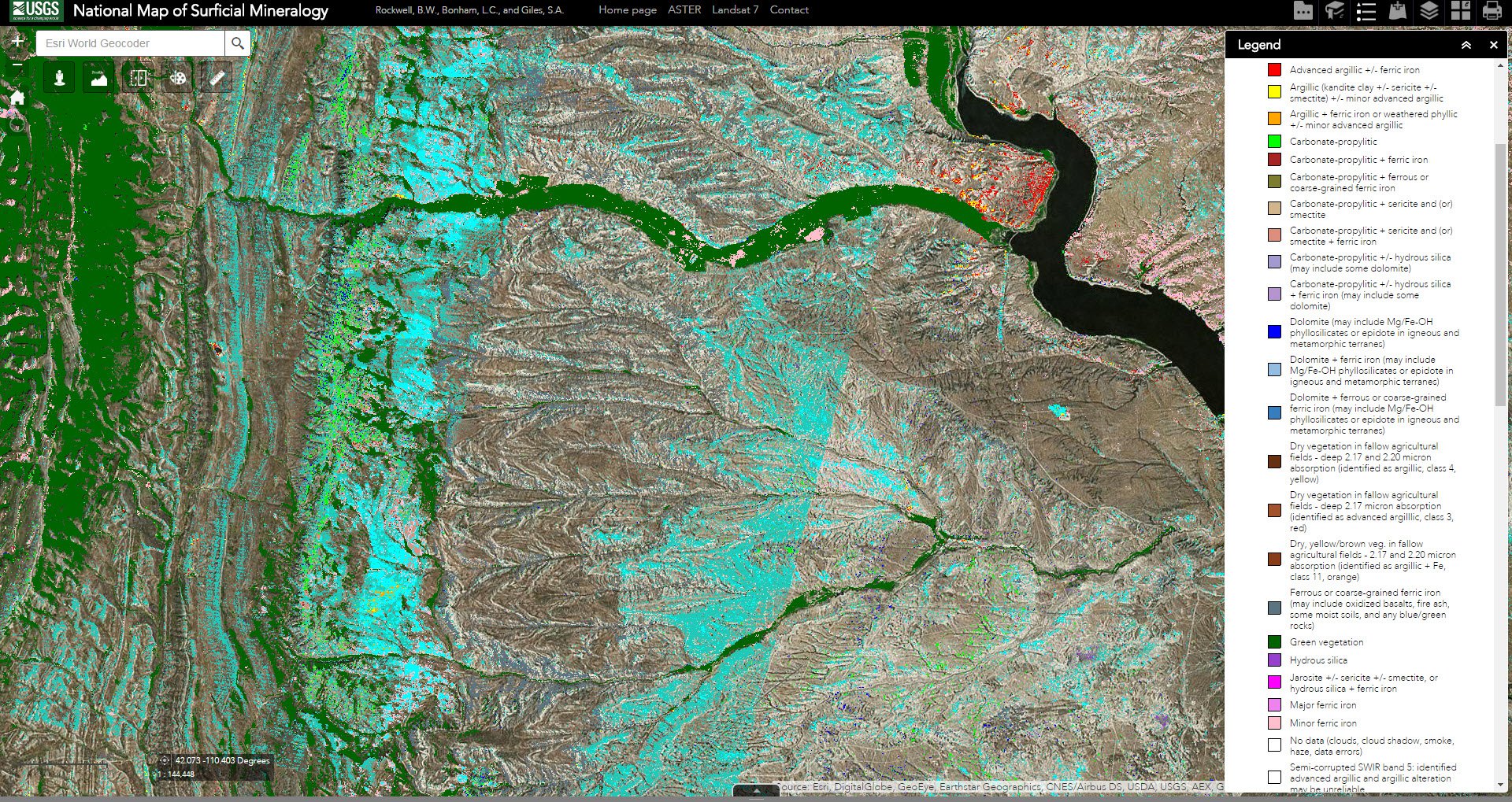 Screen shot of ASTER data over Lincoln County, Wyoming, United States from the National Map of Surficial Mineralogy.