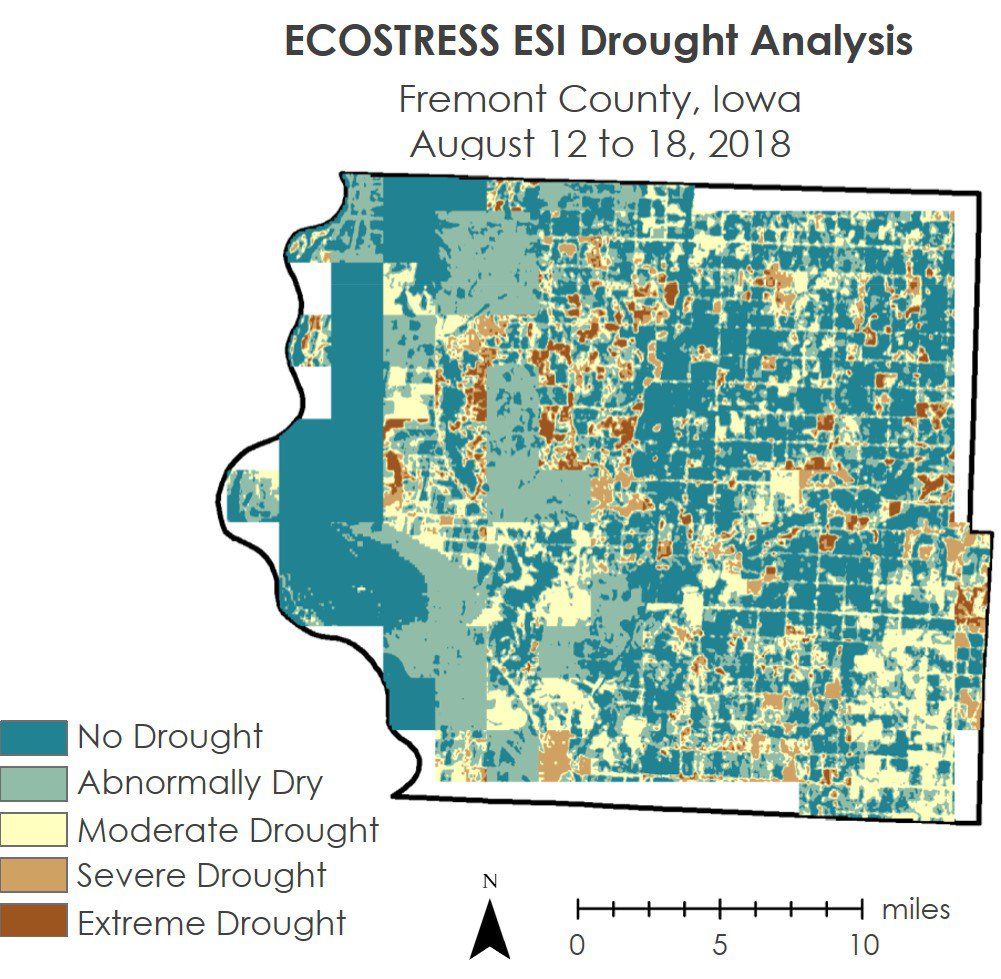 A map showing ECOSTRESS based Evaporative Stress Index (ESI).
