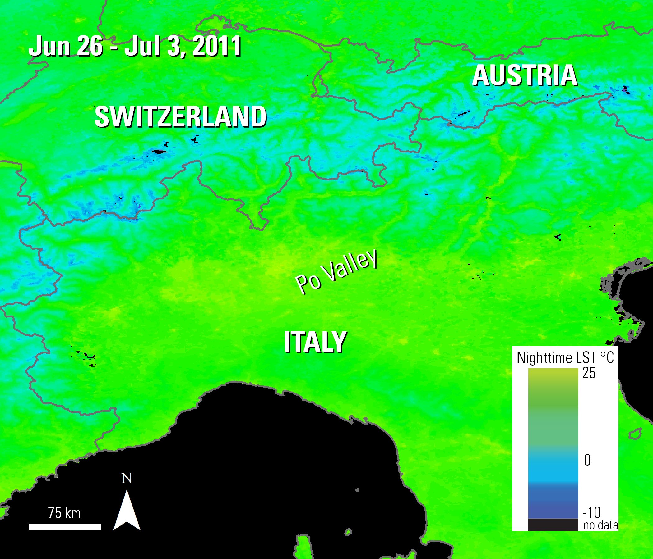 A map showing nighttime temperatures over the Po Valley in Italy. Temperatures range from -10 to 25 degrees Celsius. Colder temperatures are shown as shades of blue, moderate as shades of green, and warmer as shades of yellow, which are near urban areas.