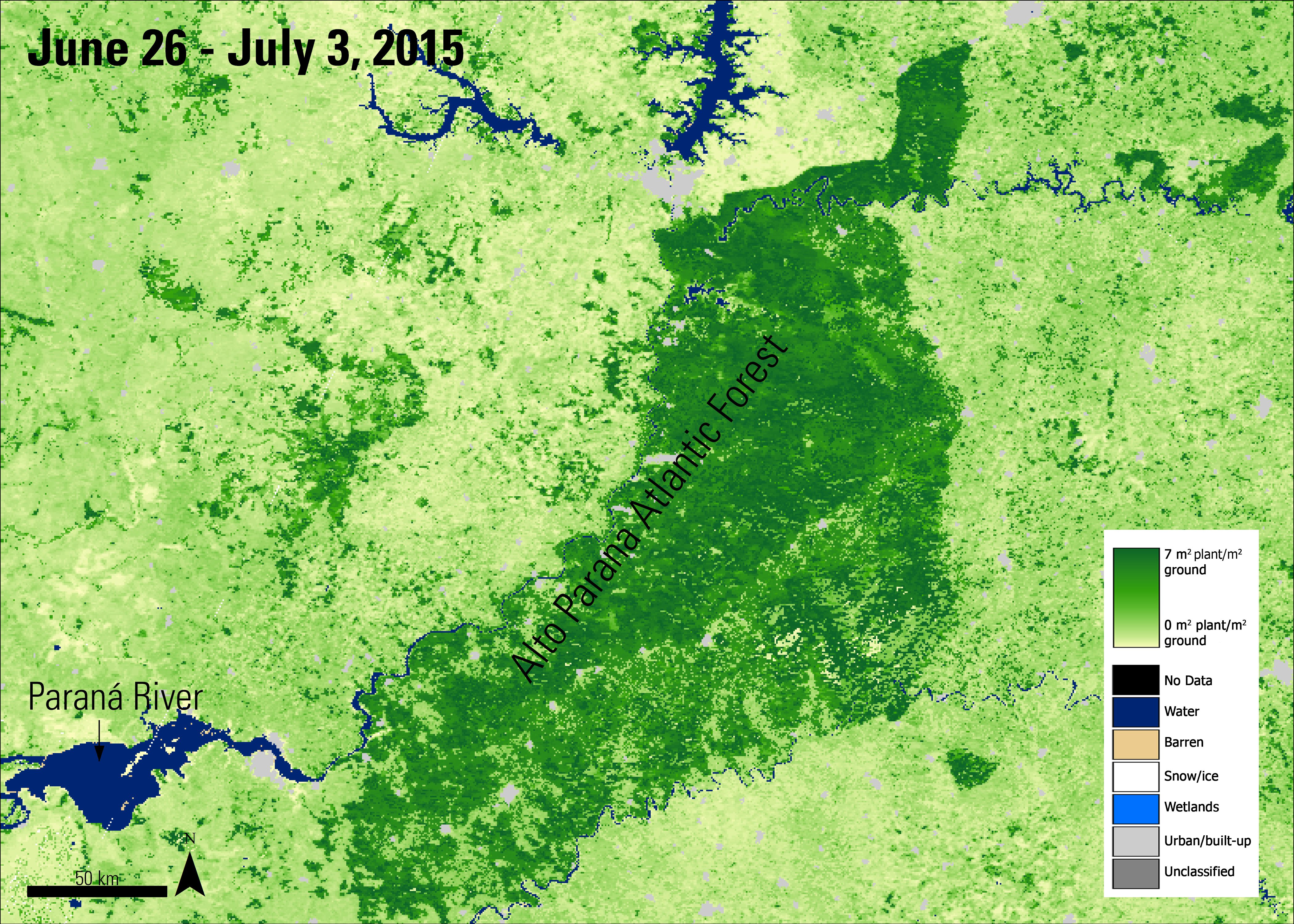 Combined MODIS LAI Version 6 data over Alto Parana Atlantic Forest, Argentina with labels.
