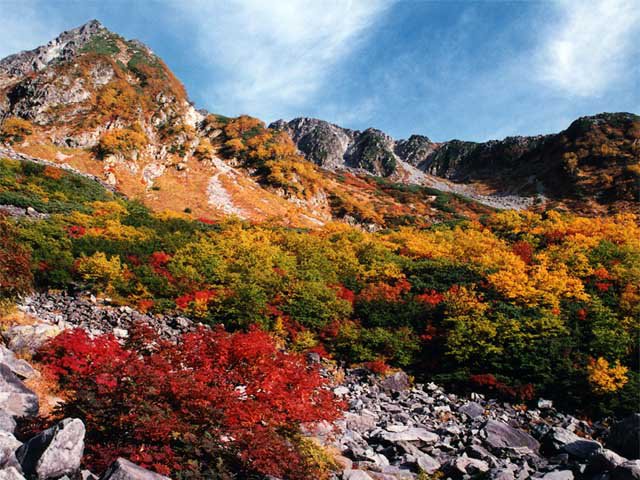 Autumn foliage showing shades of green, yellow, orange, and red in the Hida Mountains of Japan.