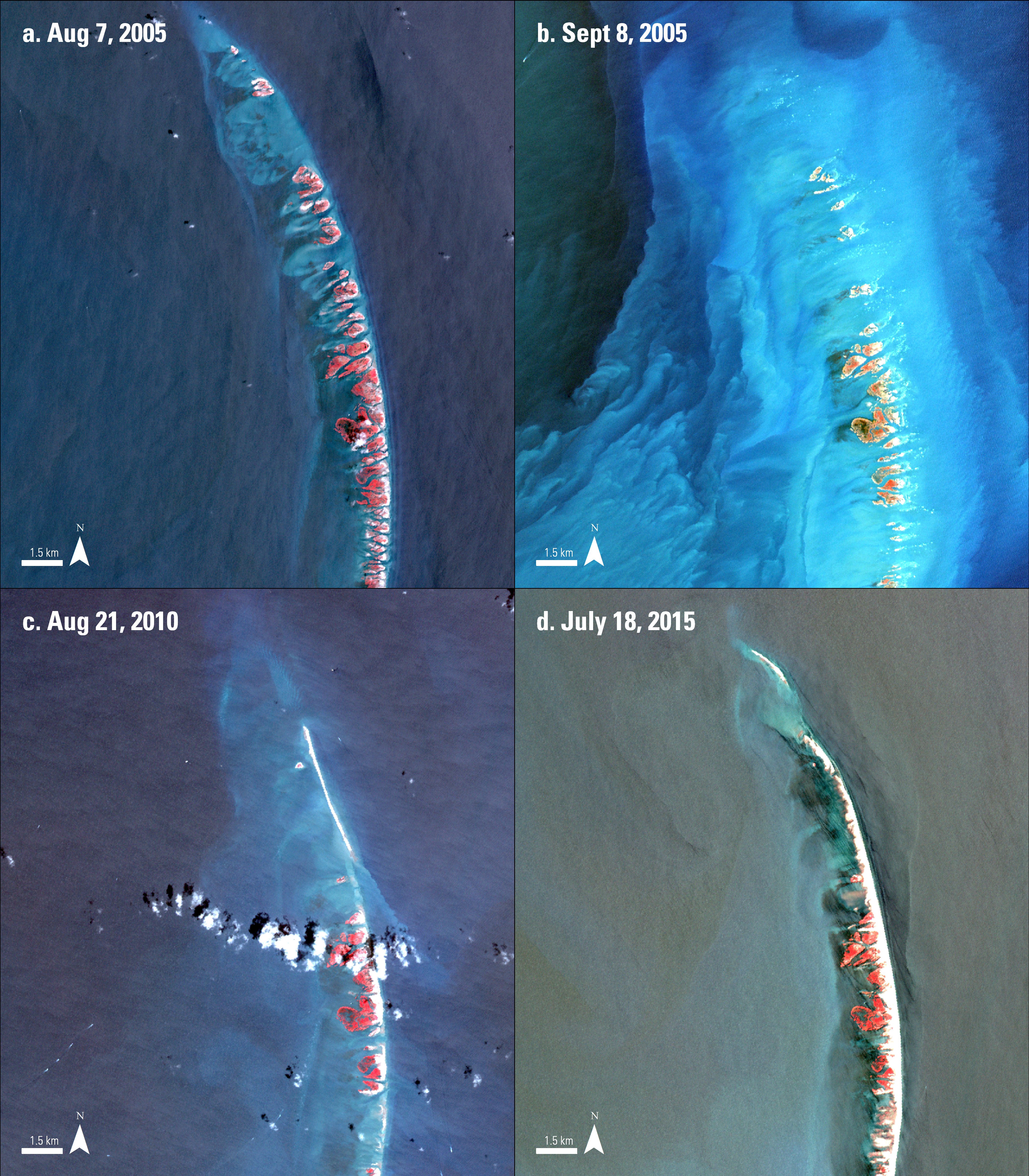 Four Terra ASTER surface reflectance images over the Chandeleur Islands showing the island before Hurricane Katrina, after, 5 and 10 years later.