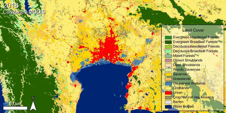 Combined MODIS Land Cover data over Bangkok, Thailand.