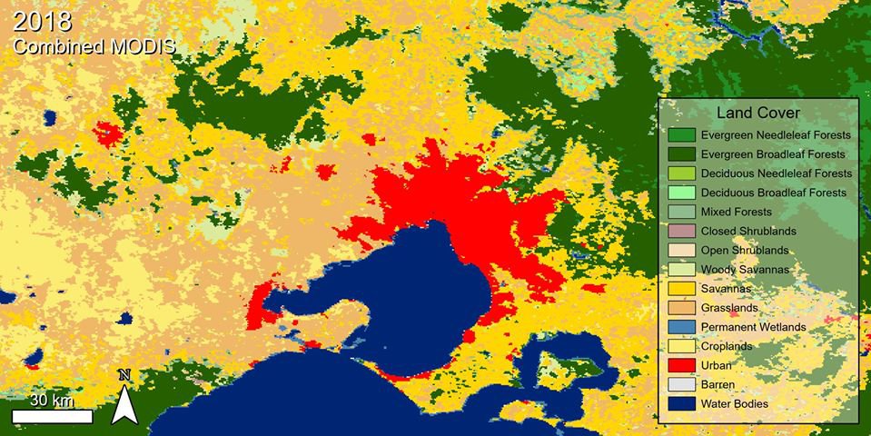 Combined MODIS land cover data over Melbourne, Australia.