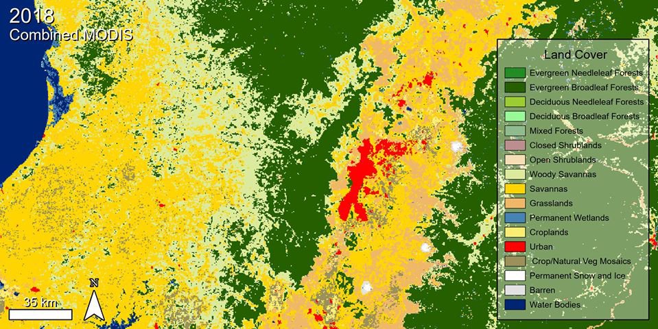 Combined MODIS land cover data over Quito, Ecuador.