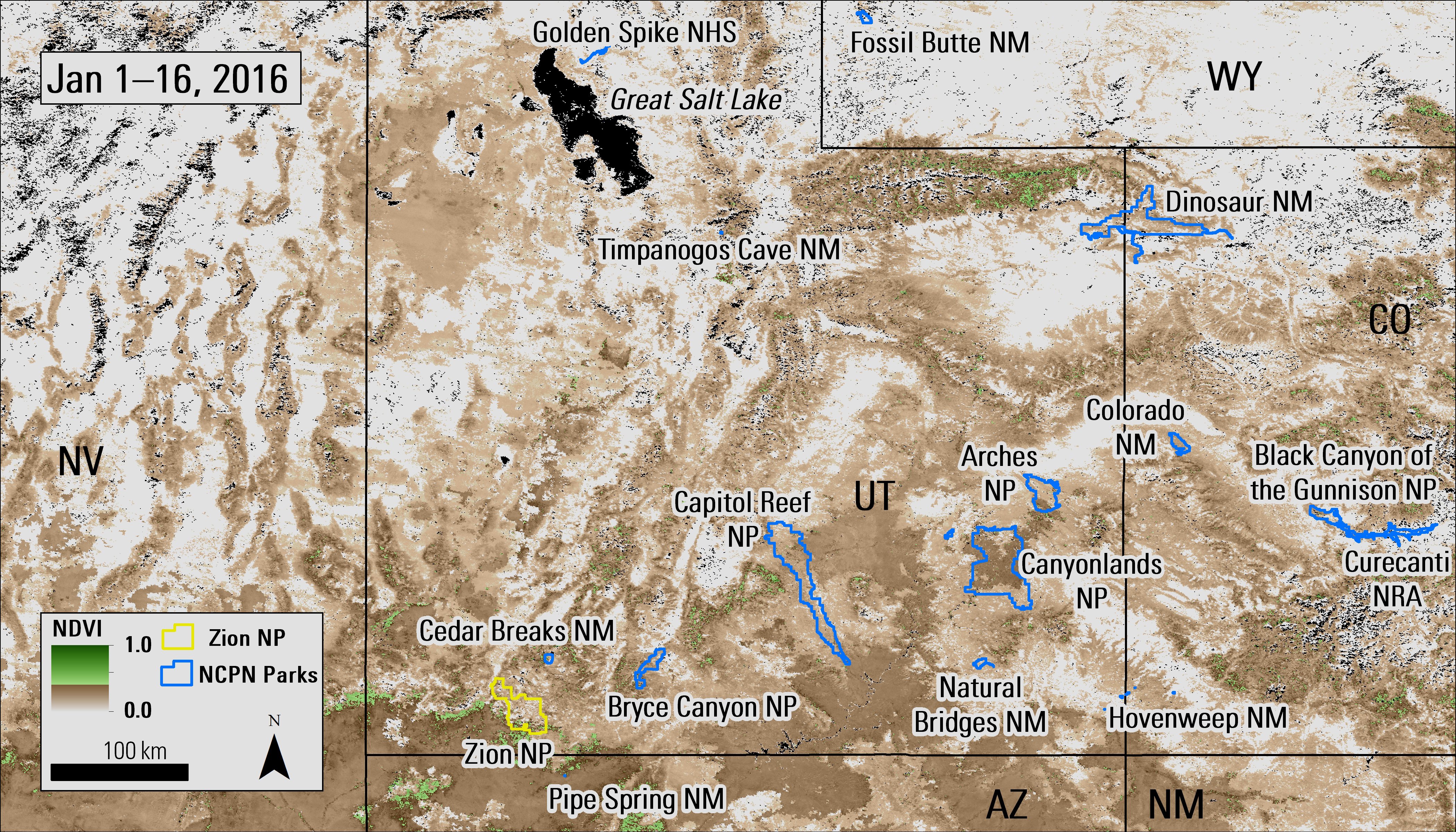 MODIS NDVI (MOD13Q1) composite image over Utah from January 16, 2016.