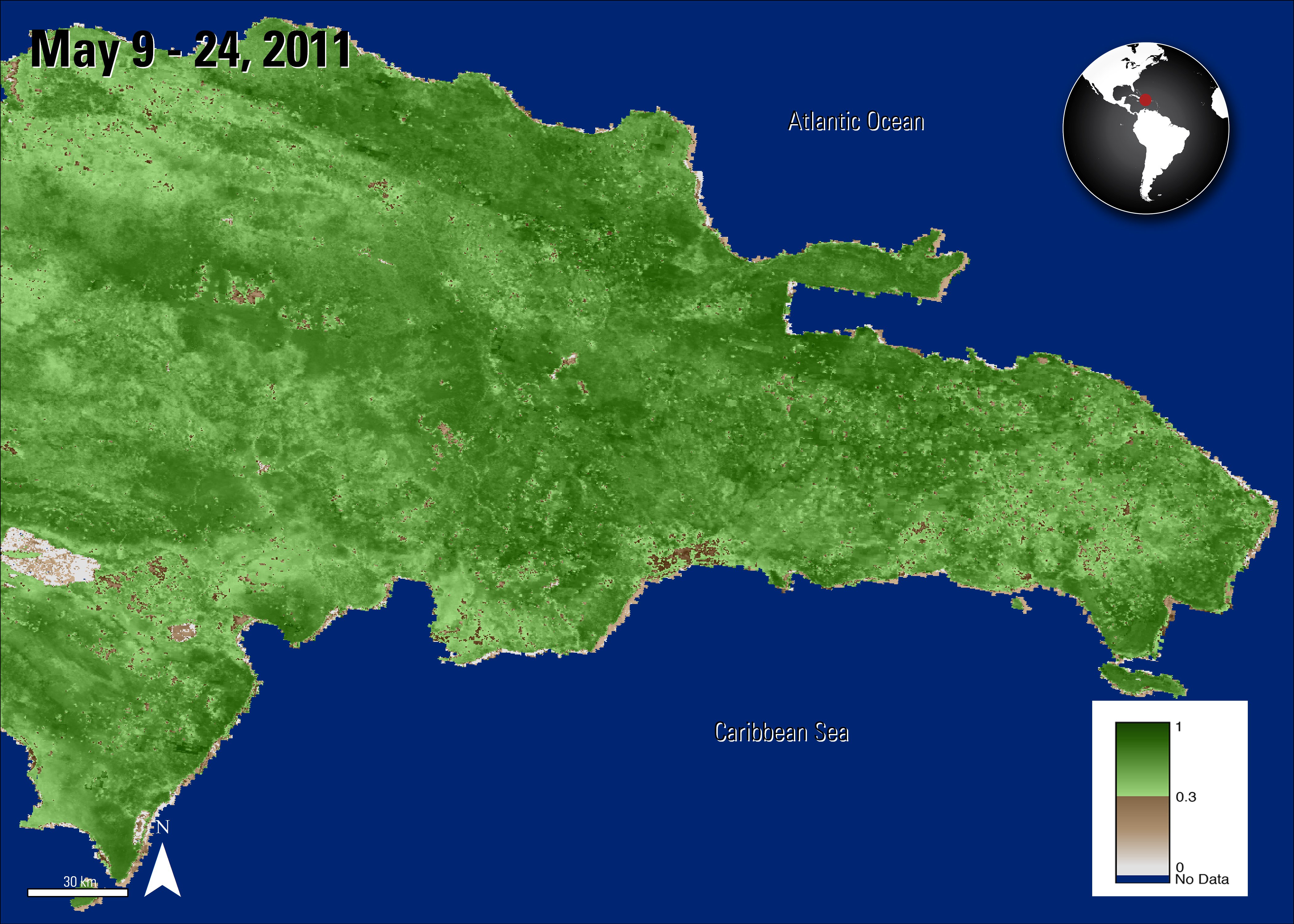 Terra MODIS MOD13Q1 NDVI data over the Dominican Republic, acquired between May 9 and 24, 2011.