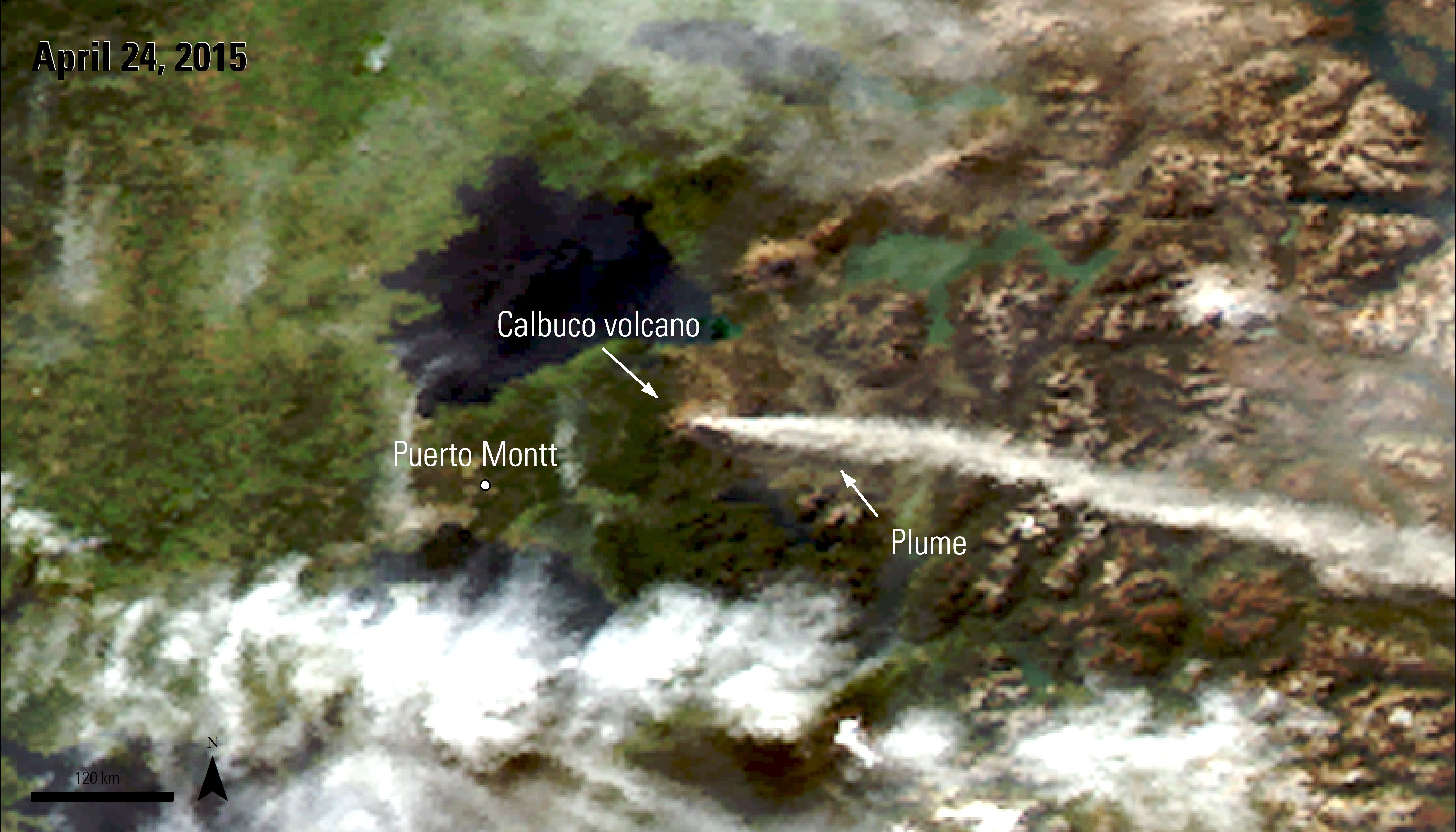 Terra MODIS Surface Reflectance imagery over the Calbuco volcano, Chile, during an eruption with labels.