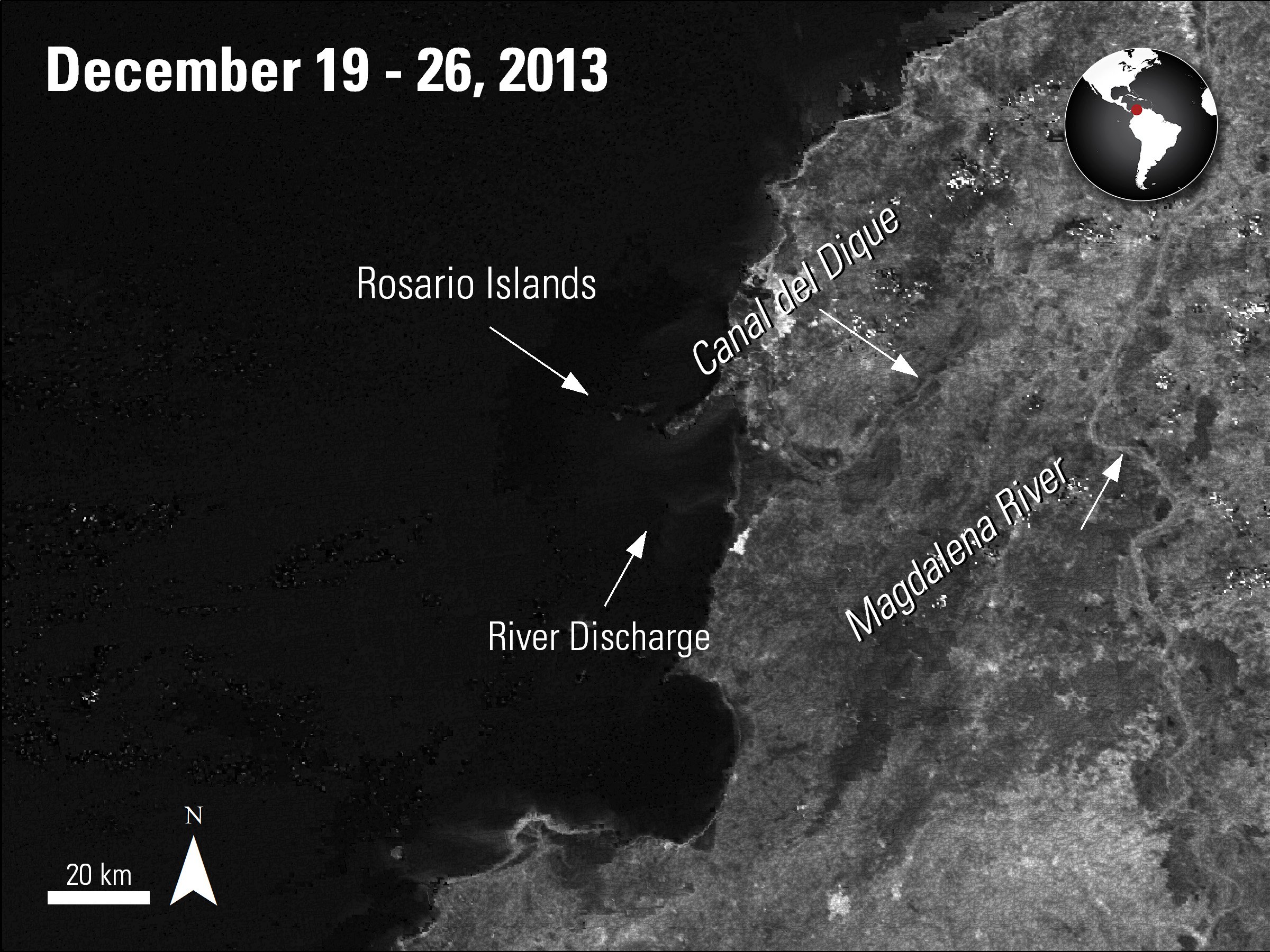 Aqua MODIS Surface Reflectance data (MYD09Q1) over the Magdalena River, Rosario Islands, acquired January 19 to 26, 2013.