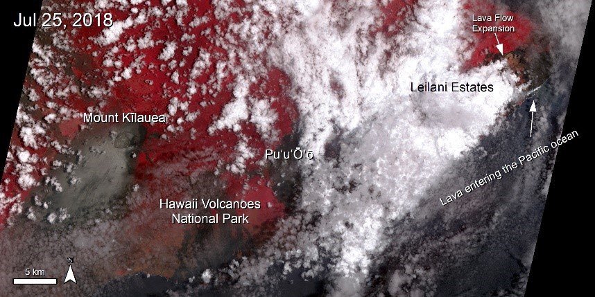 Terra ASTER imagery of the eruption at Mount Kilauea with labels.