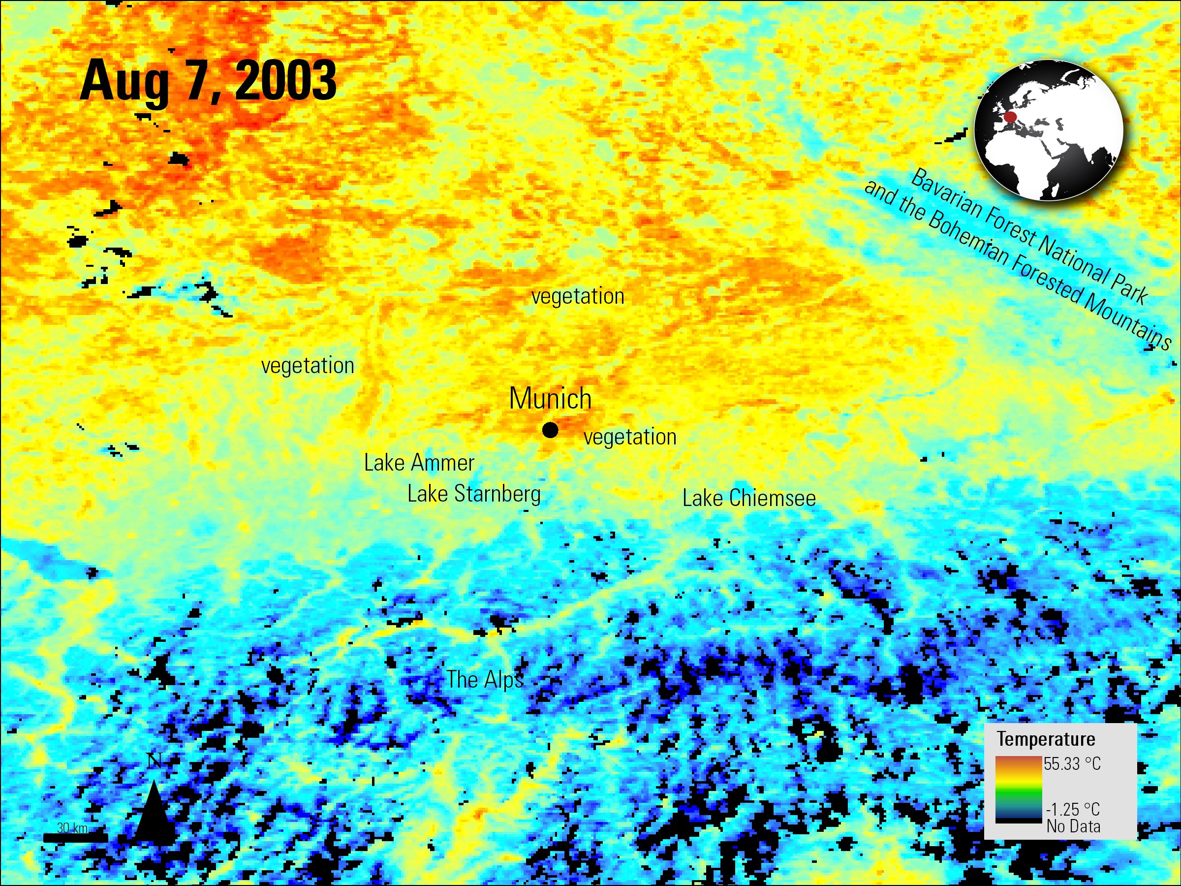 Aqua MODIS daytime land surface temperature data over Munich, Germany.