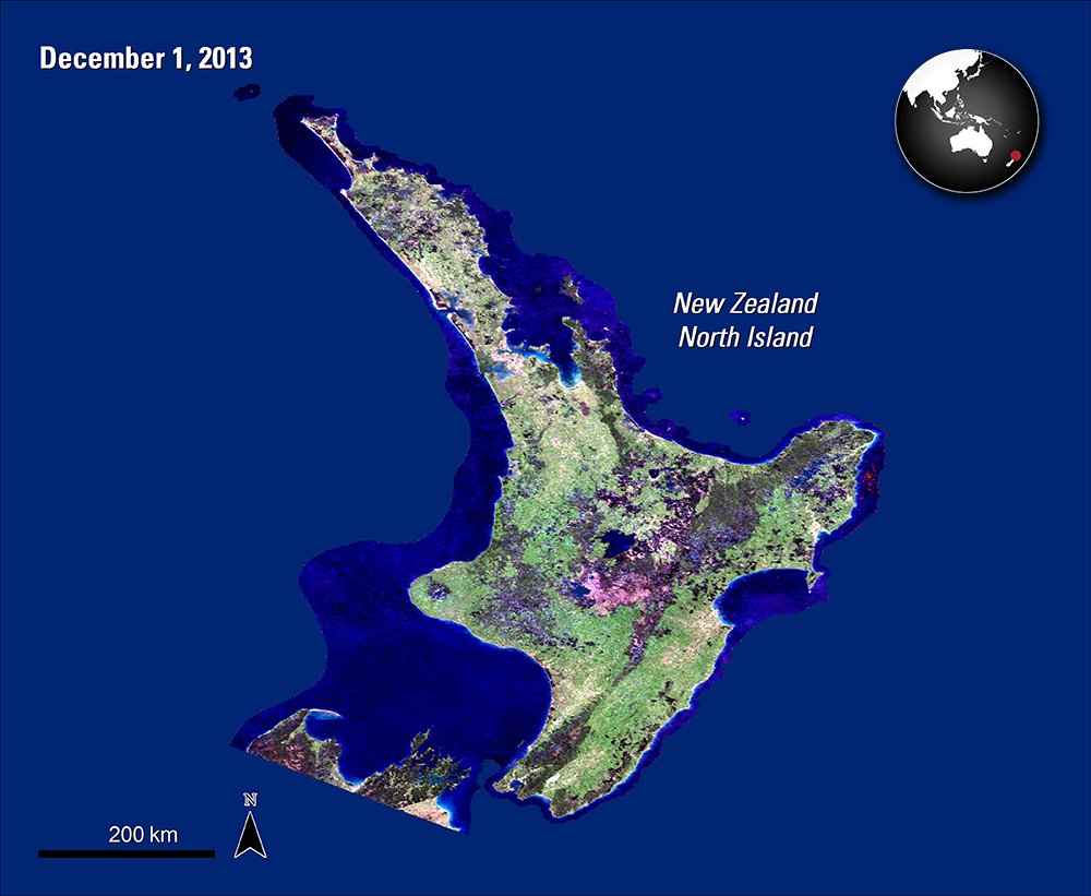 A composite Terra MODIS BRDF image of the North Island in New Zealand from December 1, 2013.