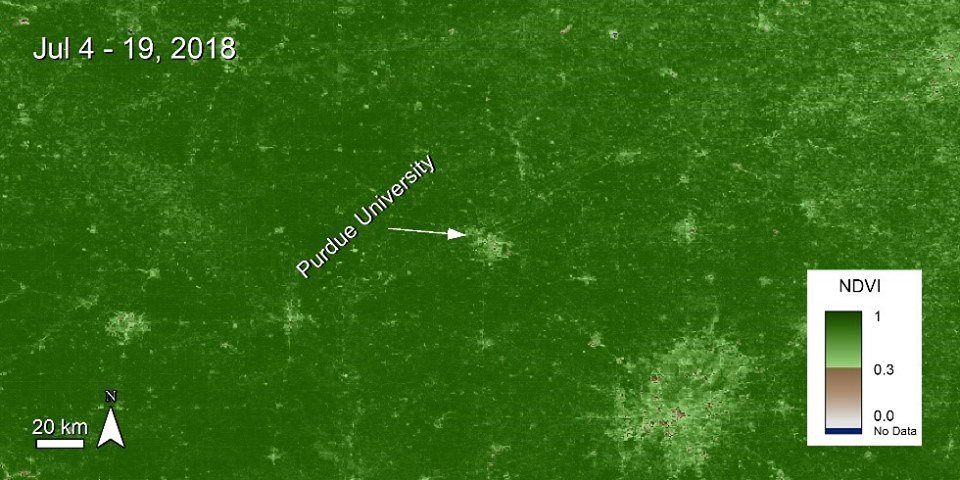 S-NPP NASA VIIRS NDVI imagery over Purdue University, West Lafayette, Indiana, United States.