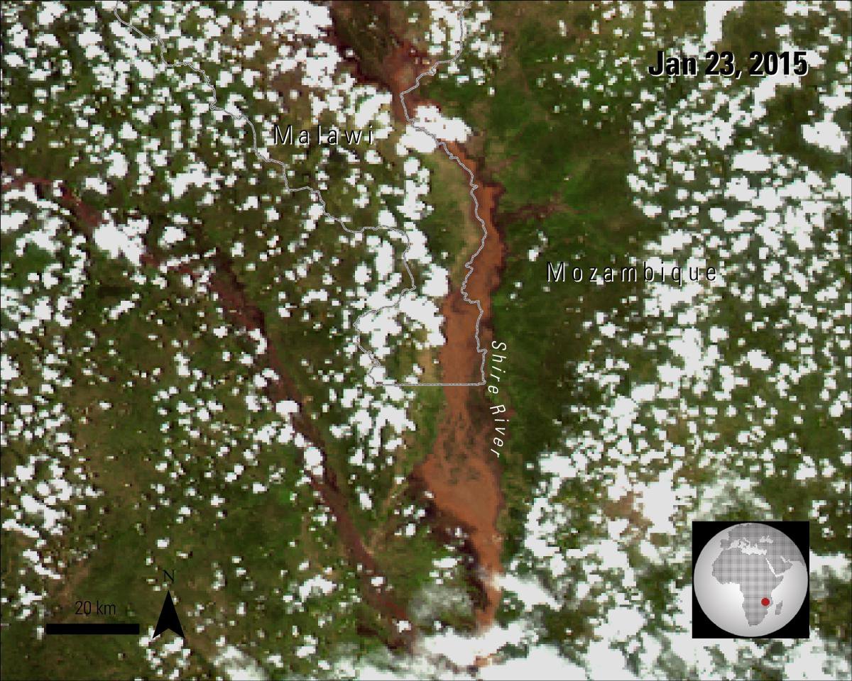 MYD09GA product showing an "after" image of flooding on the Shire River, acquired on January 23, 2015.