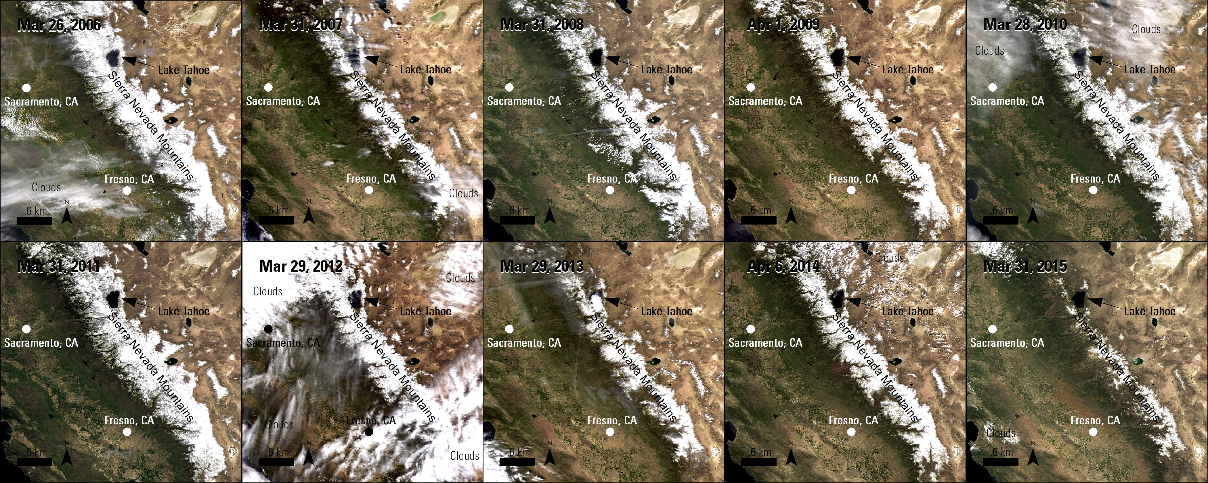 Ten Terra MODIS Surface Reflectance images over the Sierra Nevada Mountains, California, United States showing changes in snow pack cover throughout 2006 to 2015.