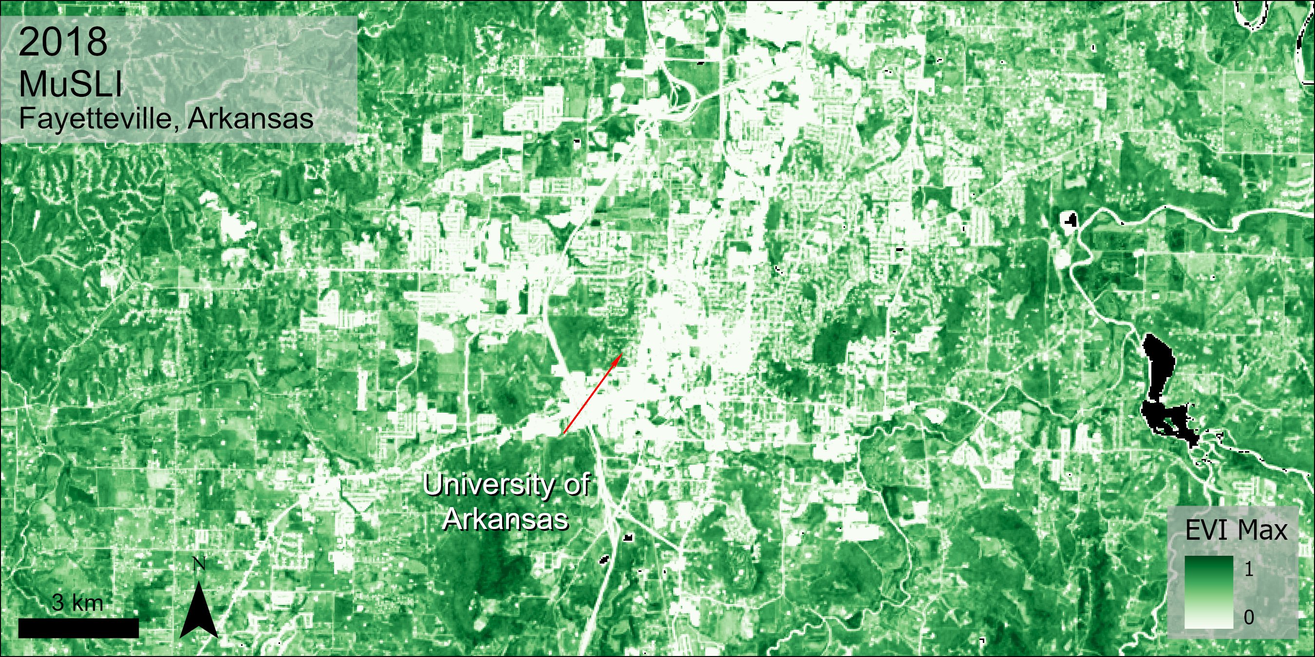 MuSLI EVI Max data over Fayetteville, Arkansas.