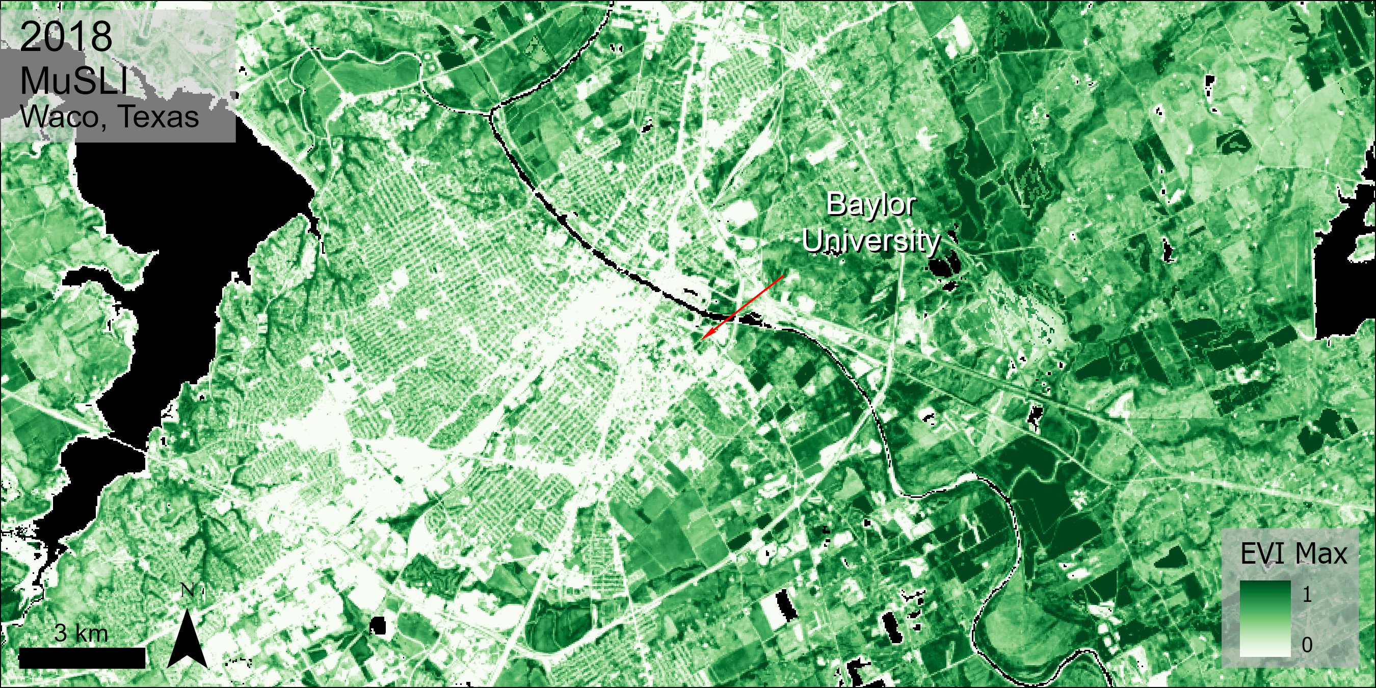 MuSLI EVI Max data over Waco, Texas.