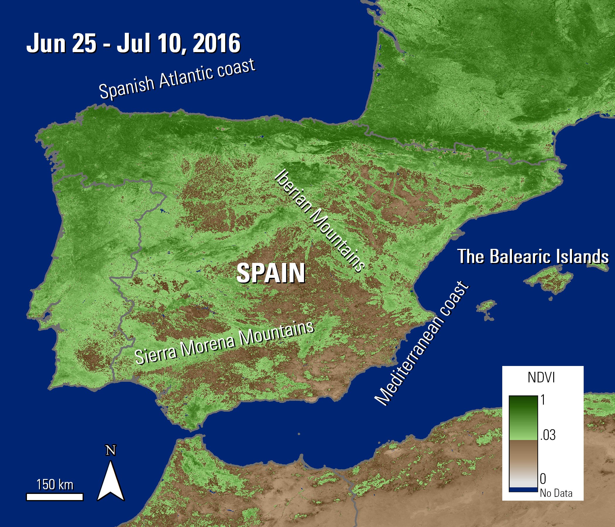 The MODIS NDVI layer over Spain and the Balearic Islands. Vegetation is shown in various shades from brown to dark green. Areas in north and western Spain are show as green, where as areas in southern and East Spain are more brown.