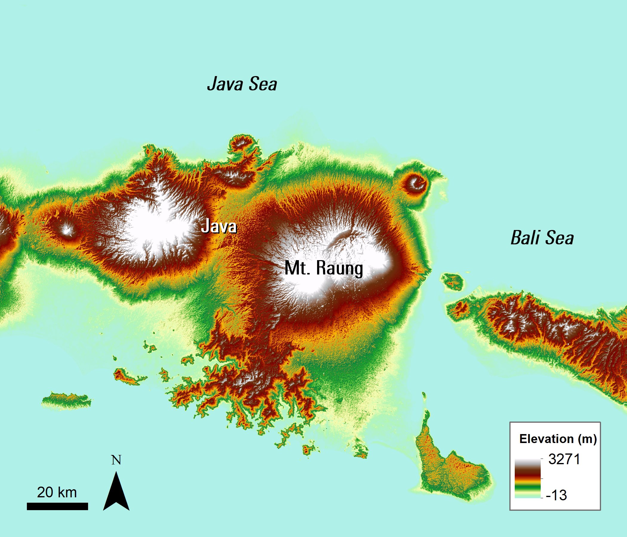 An ASTER Elevation image over Mt. Raung, Java, Indonesia.