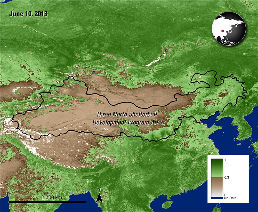 A Terra MODIS NDVI image of the Three North region (bounded in black) in northern China from June 10, 2013.