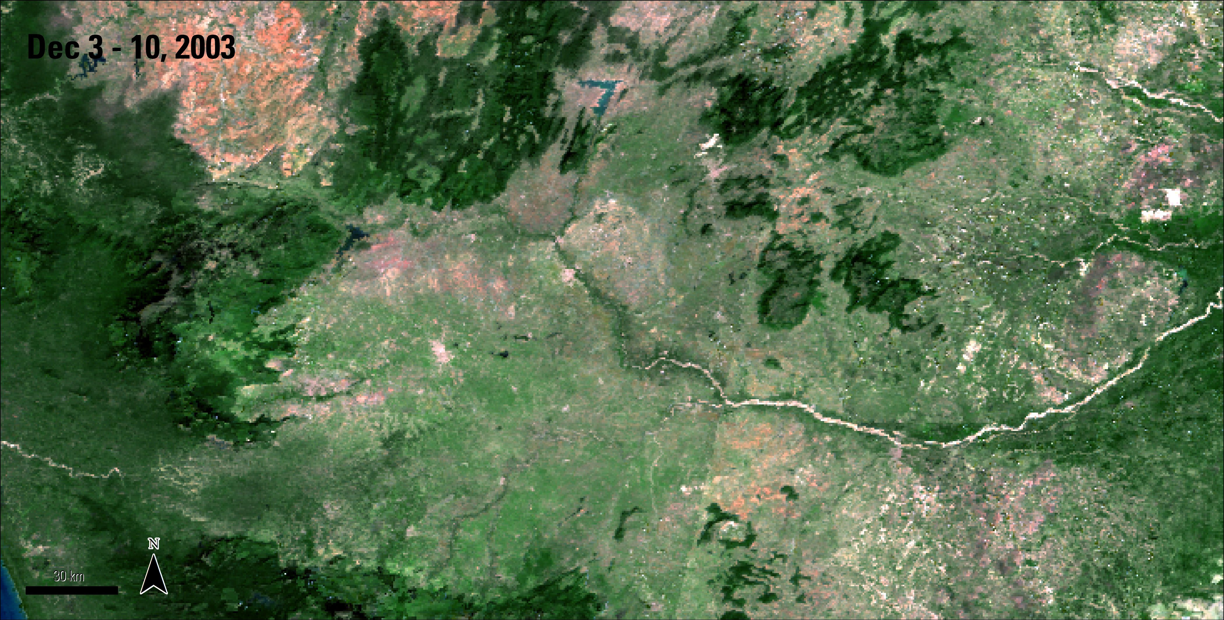 A Terra MODIS Surface Reflectance of Tamil Nadu, India, acquired between December 3 and 10, 2003.