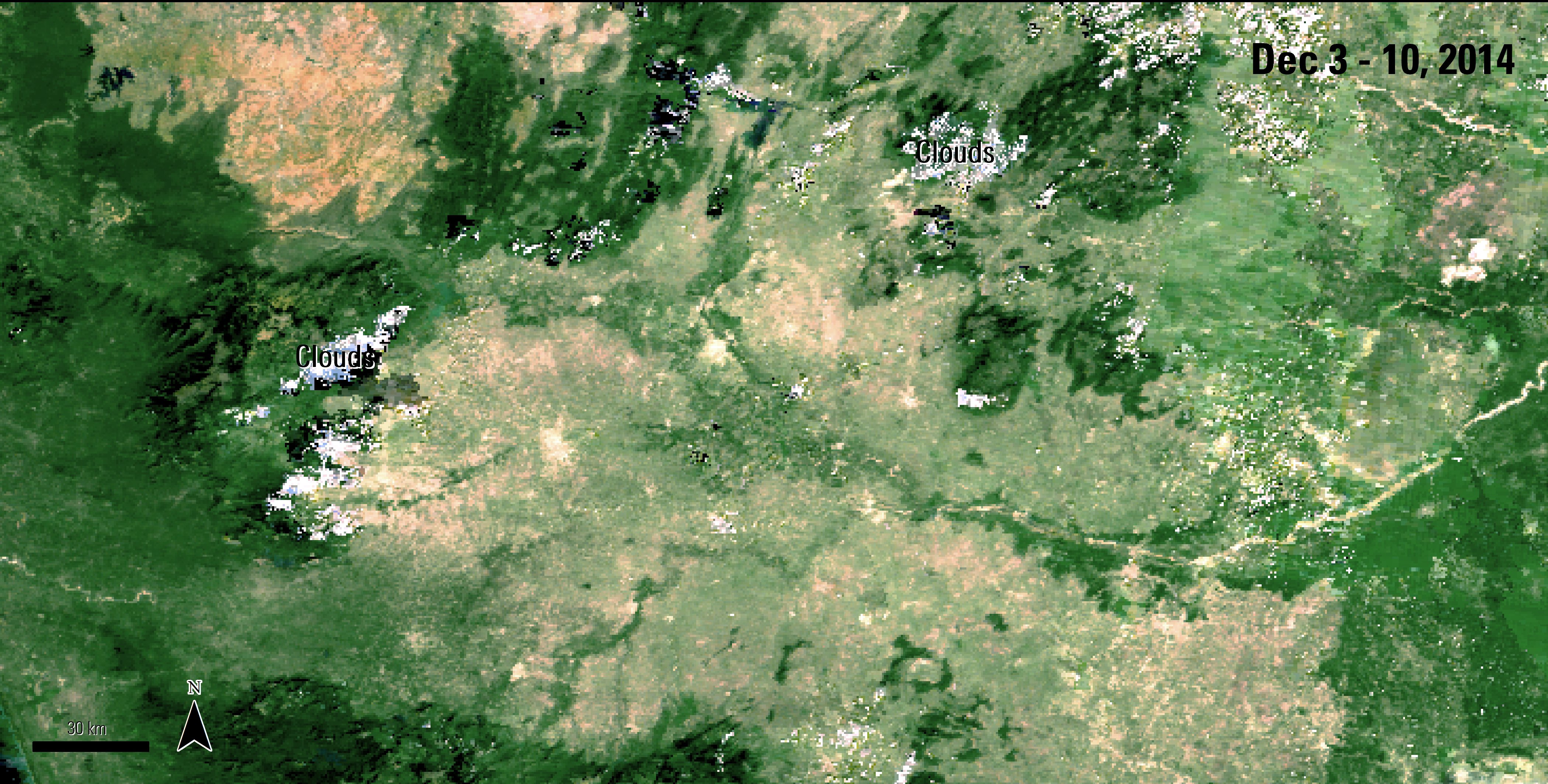 A Terra MODIS Surface Reflectance of Tamil Nadu, India, acquired between December 3 and 10, 2014.