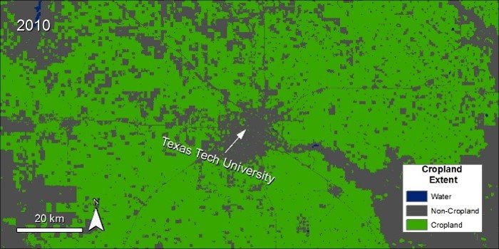 Cropland data over Texas Tech University.