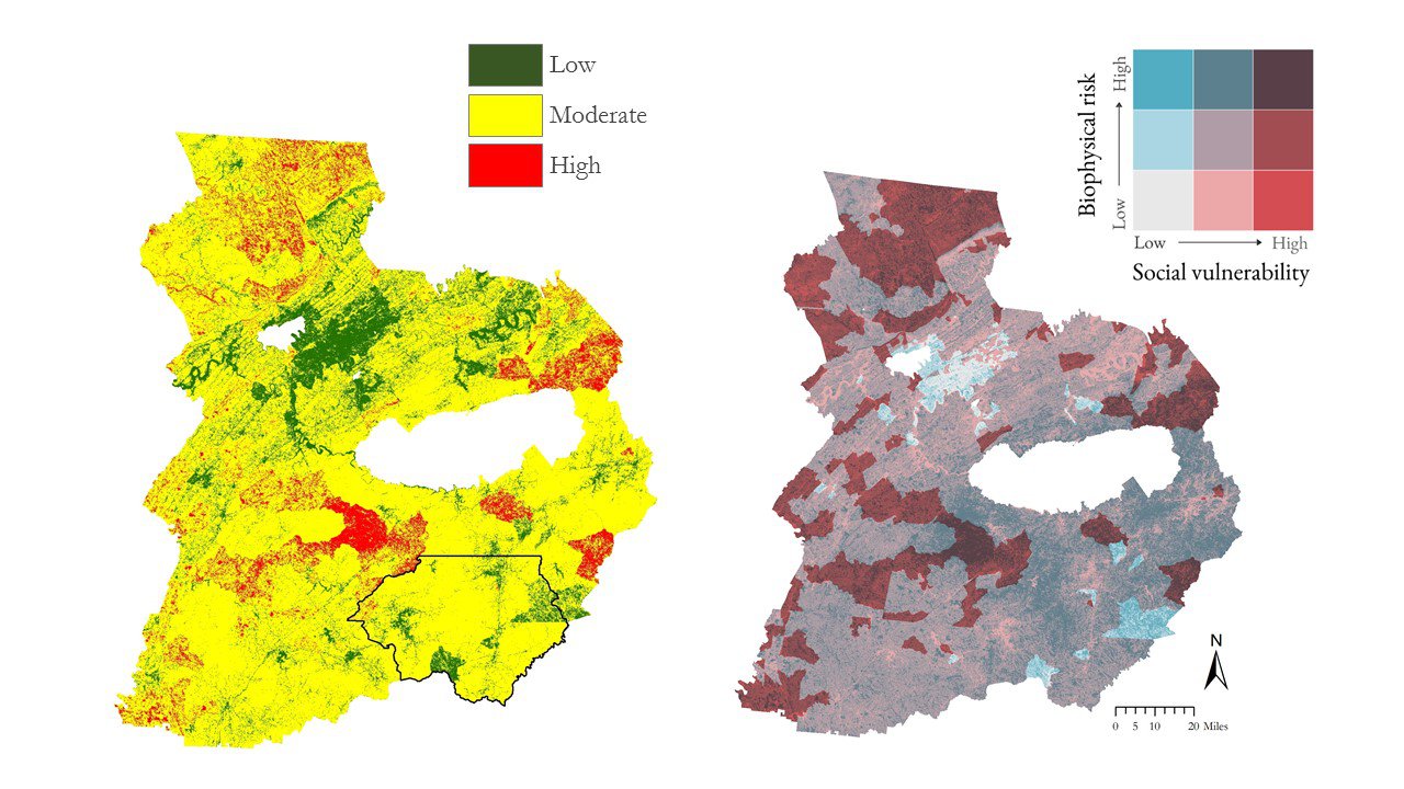 Map of wildfire vulnerability index and wildfire vulnerability index, bivariate provided by the DEVELOP team.