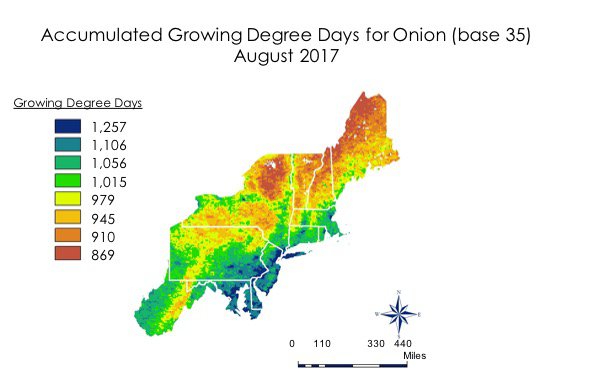 Map of accumulated growing degree days for onions over the Northeast region of the United States from the DEVELOP team.