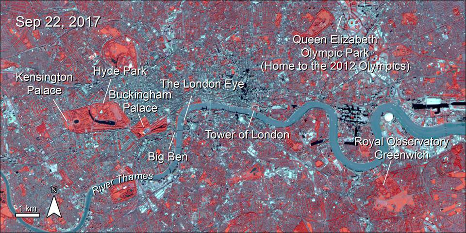 An ASTER view of London with popular locations labeled.