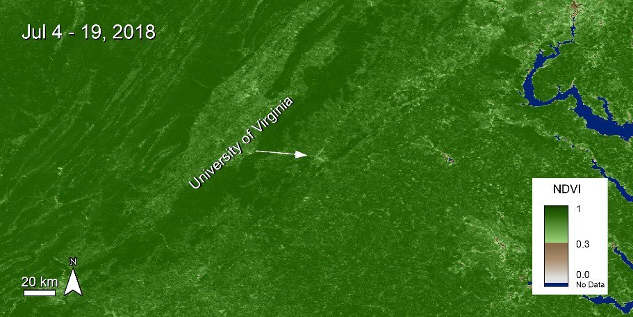 S-NPP NASA VIIRS NDVI imagery over the University of Virginia, Charlottesville, Virginia, United States.