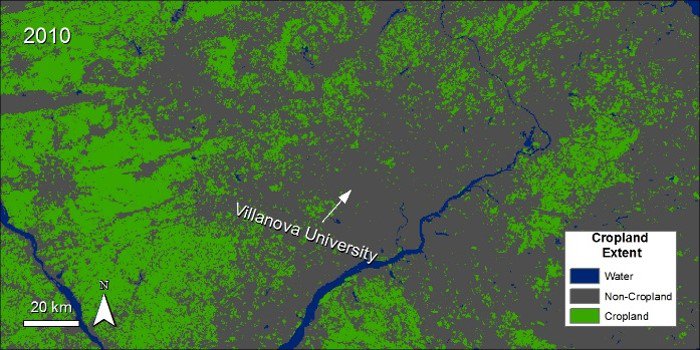 GFSAD Cropland Data over Philadelphia, Pennsylvania, United States and the college campus of Villanova University.