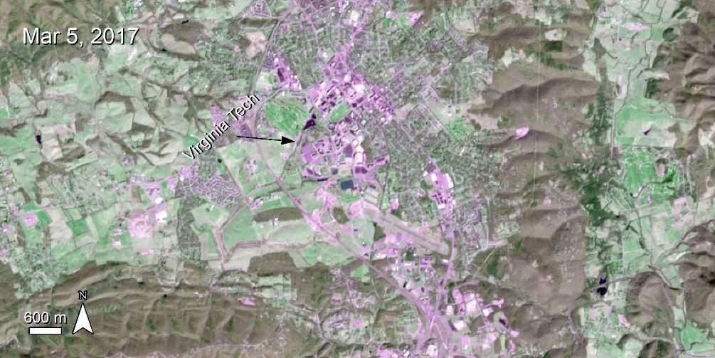 Terra ASTER imagery over Blacksburg, Virginia, United States and the college campus of Virginia Tech.