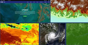 Five images, top left screen shot of the LP DAAC homepage, top right Elevation data over Mount Everest, bottom left temperature data over Europe, bottom center a cyclone, bottom right vegetation data near Minneapolis, Minnesota, United States.