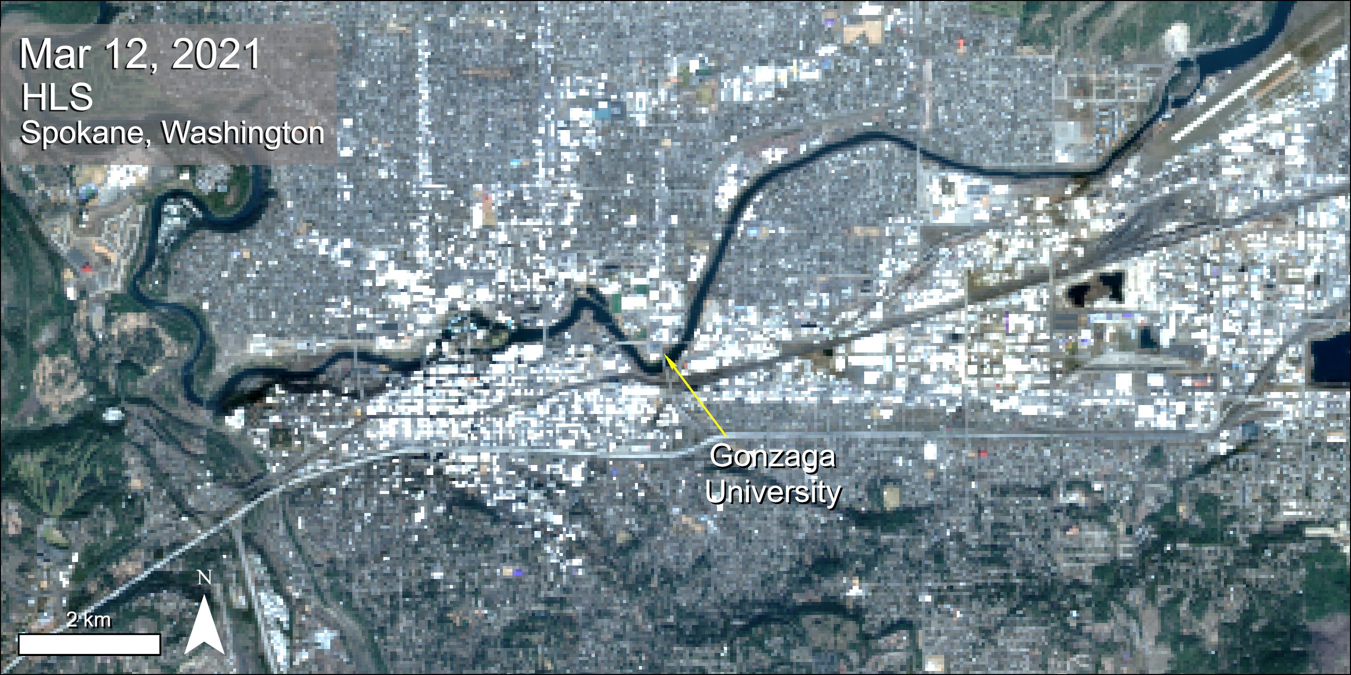 HLS surface reflectance data over Spokane, Washington.