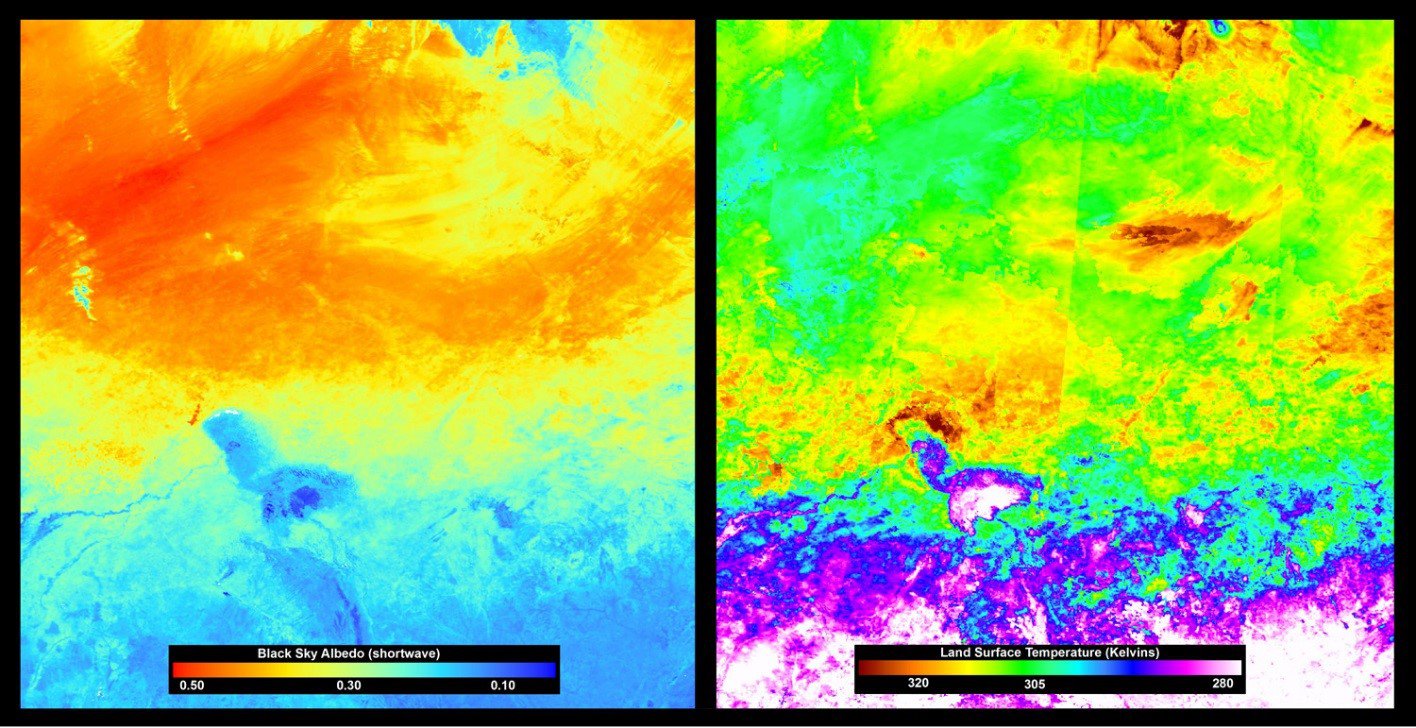 Shortwave Black sky albedo (Layer 10, MCD43B3) and land surface temperature (Layer 1, MOD11A2) over part of the Sahara Desert.