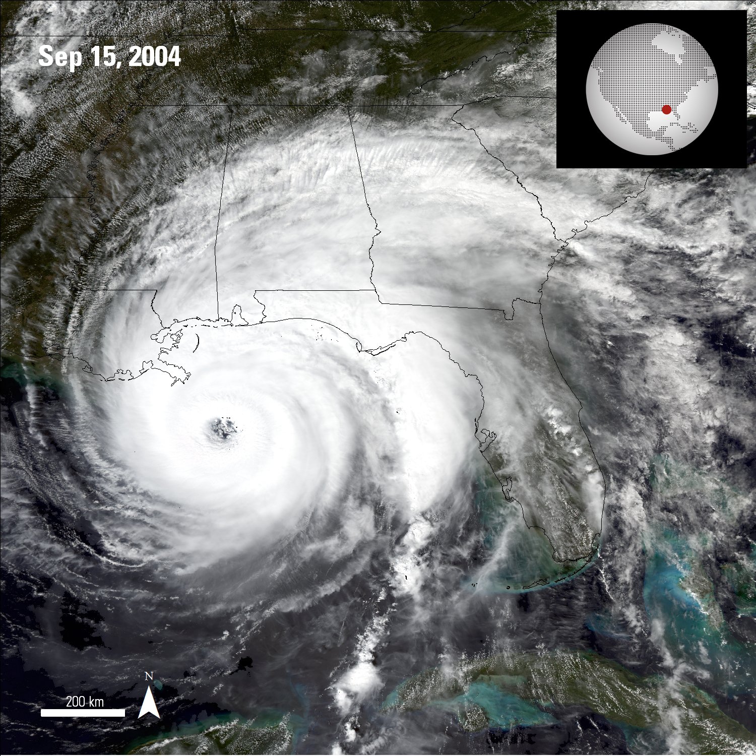 Aqua Moderate Resolution Imaging Spectroradiometer (MODIS) image of Hurricane Ivan rotating over the Gulf of Mexico on September 24, 2004.