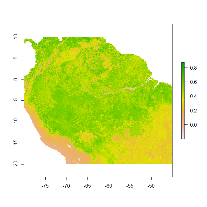 Figure 1. MODIS Terra Version 6 EVI (MOD13A2.006) over the Amazon Basin.