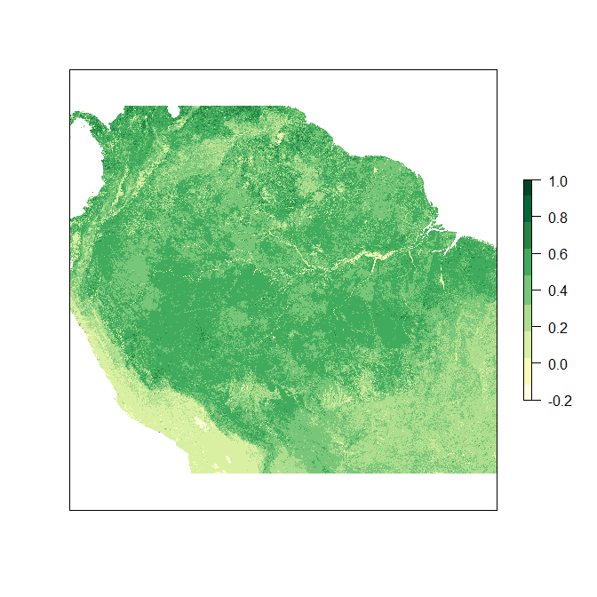 Figure 2. MODIS Terra Version 6 EVI (MOD13A2.006) over the Amazon Basin with custom colormap.
