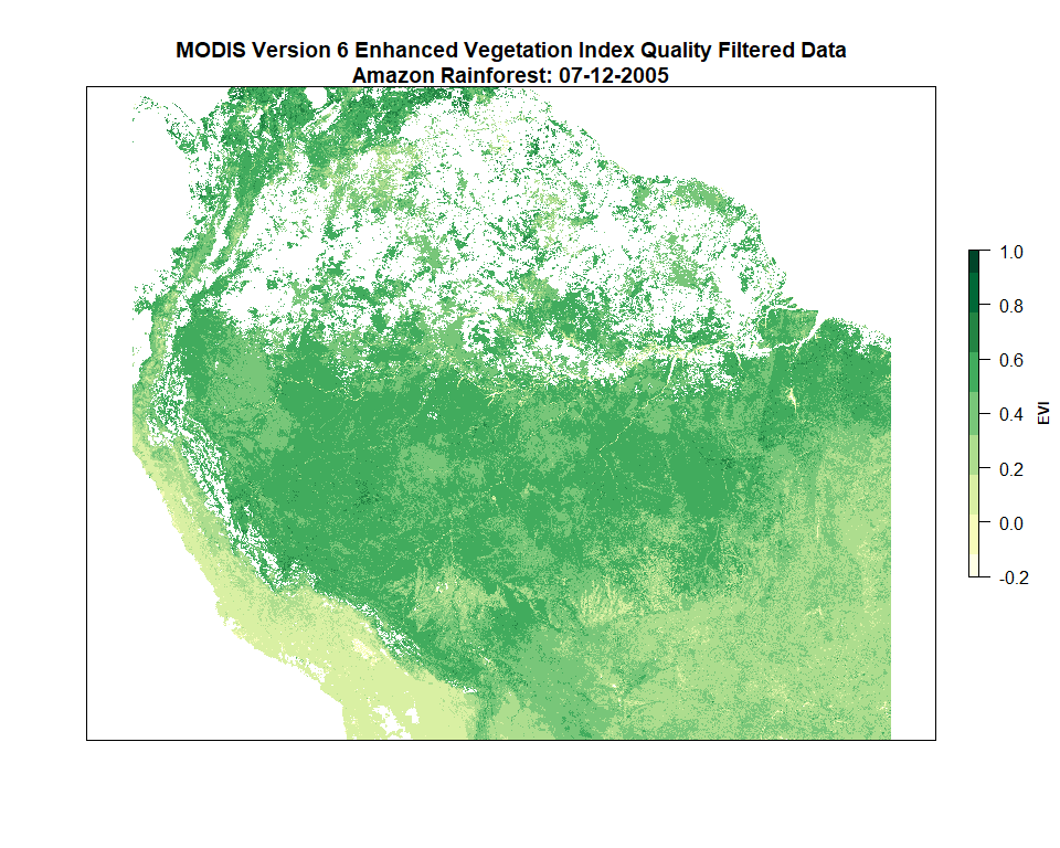 Figure 3. MODIS Terra Version 6 EVI (MOD13A2.006) quality filtered data over the Amazon Basin with custom colormap from July 12, 2005.